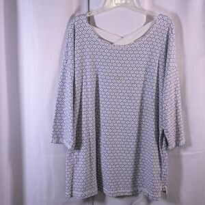 T by Talbots Women's 2X Blue White Cross Back Tunic Scallop‎ Print